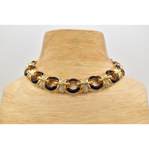 Givenchy Vintage Crystal Collar 16" Necklace Navy Gold Chain Signed 1980s BinBN - Picture 1 of 12